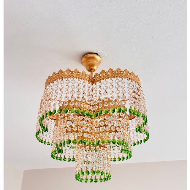 Vintage Crystal Tiered Flush Mount Chandelier With Green Crystal Accents - Restored For Sale - Image 4 of 18