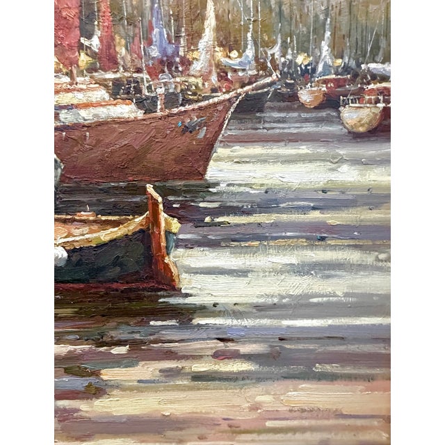 Gray Large Vintage Signed Harbor Scene Painting For Sale - Image 8 of 13