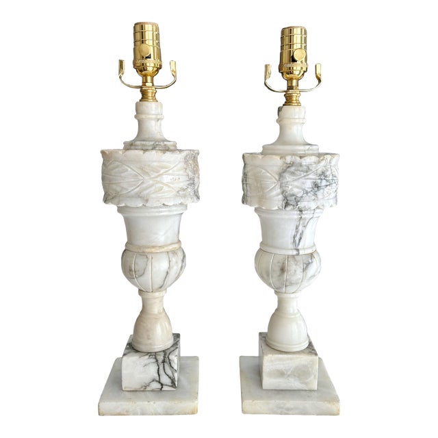 Pair Italian Neoclassic Urn Alabaster Table Lamps For Sale