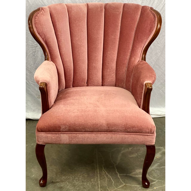 Vintage Mid Century Channel Back Tufted Soft Pink Velvet Accent Chair