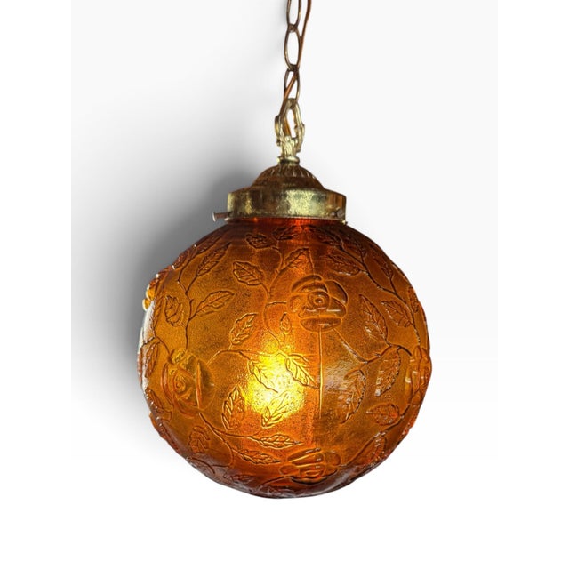 Mid-Century Modern Vintage 1970s Amber Floral Glass Swag Hanging Lamp For Sale - Image 3 of 6