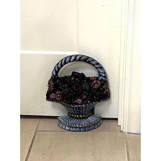Metal Heavy Cast Iron, Vintage, Woven, Basket-of-Flowers Doorstop, With a Rope Twist Handle, and a Hand-Painted, Polychrome Finish, 1930-1950’s For Sale - Image 7 of 7