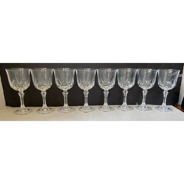 Vintage Faceted Crystal Goblets, Hostess Set of 8, Geometric Cut Stemware, Elegant Wine Glasses, Hollywood Regency Barware For Sale In Indianapolis - Image 6 of 9