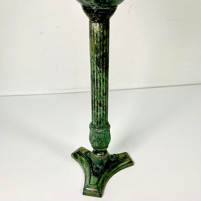 1970s Vintage Neoclassical English Stag Head Faux Verdigris Green Tole Pedestal Urn Vase. For Sale - Image 13 of 15