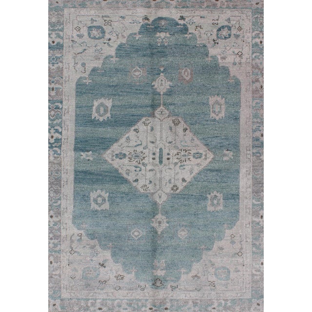 Measures: 4'0 x 6'0 Modern Oushak Design in Silver and Sea-Foam Green Color Oushak Design Rug with Center Medallion,...
