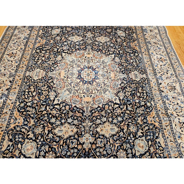 Vintage Persian Nain Area Rug, Hand-Knotted Wool & Silk, Floral Pattern, 9x13, Navy & Ivory For Sale - Image 12 of 18