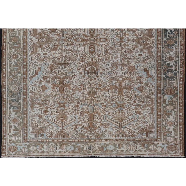 Tribal Vintage Hand-Knotted Heriz Rug With Sub-Geometric Design in Natural Tones 8'1 X 11'11 For Sale - Image 3 of 16
