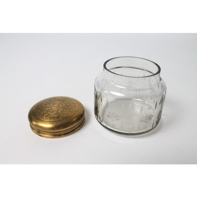 Victorian Vintage Glass Vanity Jar W/ Etched Brass Lid For Sale - Image 3 of 7