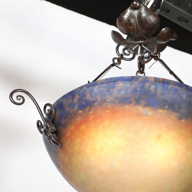 Art Deco Pâte De Verre Blue & Smoked Honey Glass Chandelier W/ Leaf Form Fitting For Sale - Image 4 of 18