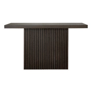 Matthew Izzo Home Vanna Espresso Oak Slab Console Table With Slatted Pedestal Base For Sale