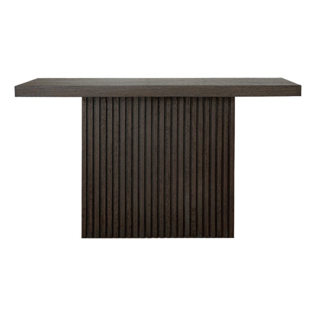 Matthew Izzo Home Vanna Espresso Oak Slab Console Table With Slatted Pedestal Base For Sale