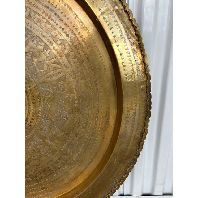 Large Asian Round Brass Tray Table, Wall Hanging, Scalloped Edges For Sale - Image 4 of 9
