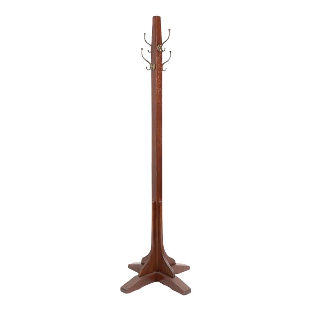 Arts & Crafts Oak Coat Tree Rack Iron Double Hooks For Sale