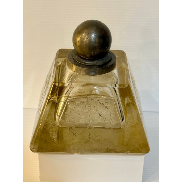 Metal Antique Art Deco Frosted Glass Inkwell With Pewter Orb Lid For Sale - Image 7 of 12