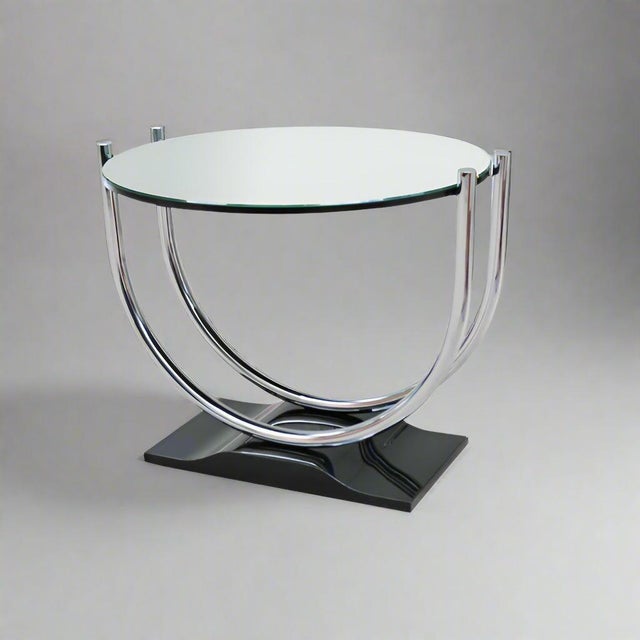 Metal Mid-20 Century French Art Deco Round Chrome Black Side Table For Sale - Image 7 of 10