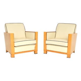 Art Deco Swedish Leather and Satin Birch Armchairs, 1930s, Set of 2 For Sale