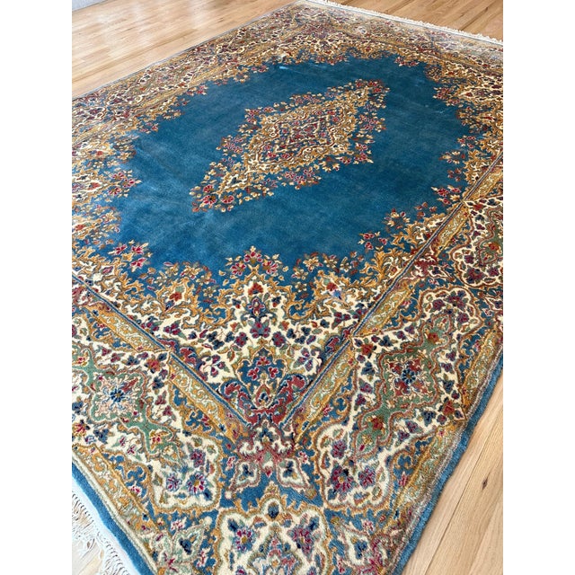 Antique Kerman Carpet, Fine Persian Oriental Rug Light Blue, Ivory, Gold, Green For Sale - Image 12 of 12