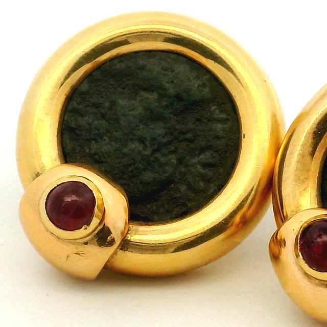 Metal Vintage 18k Gold Coin Earrings With Cabochon Rubies, A Pair For Sale - Image 7 of 7
