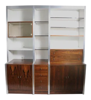 Rosewood Metal Glass and Formica Wall Unit Baugnman Attributed for John Stuart