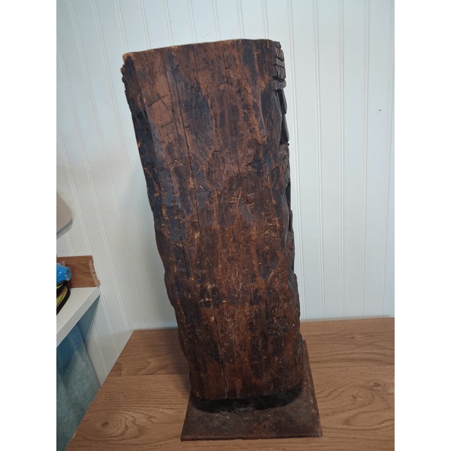 Contemporary Stunning Antique Hand-Carved Wooden Architectural Pillar Fragment on Custom Metal Stand For Sale - Image 3 of 6