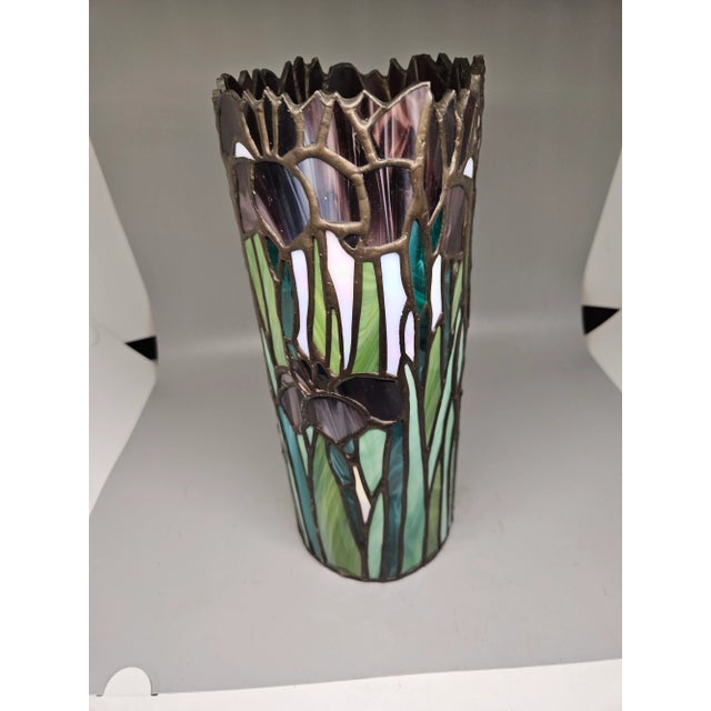 Art Nouveau Vintage Stained Glass Pillar Candle Holder 11" | Leaded Glass Iris Candlestick Cover For Sale - Image 3 of 5