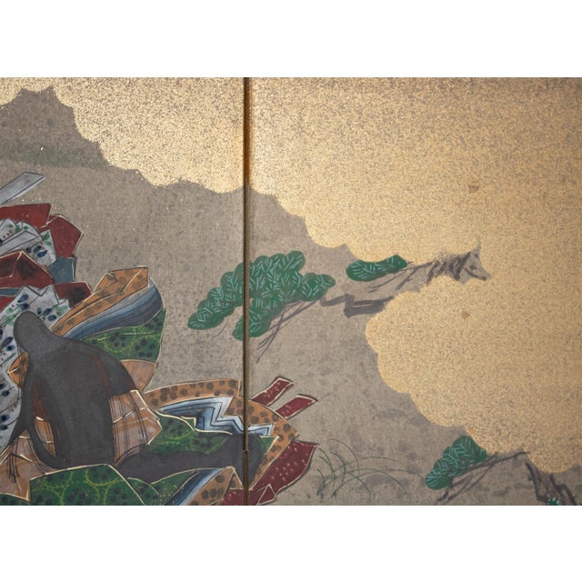 "Dancing Kimono Beauties", C. 1960s Shōwa Era Yamato-E Style Painted Byobu Screen For Sale - Image 9 of 18