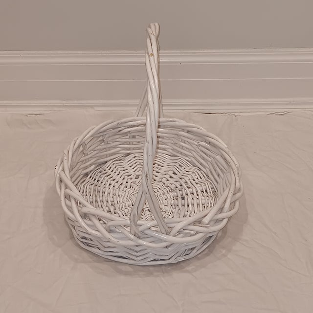 Vintage Large French Style Hand Woven Painted White Natural Wicker Basket For Sale - Image 4 of 8