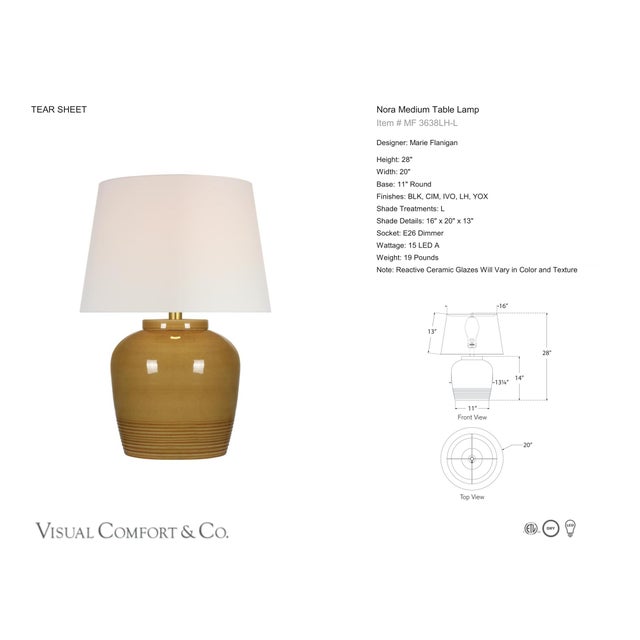 Marie Flanigan by Visual Comfort Signature Nora Medium Table Lamp in Light Honey with Linen Shade Designer: Marie Flanigan...