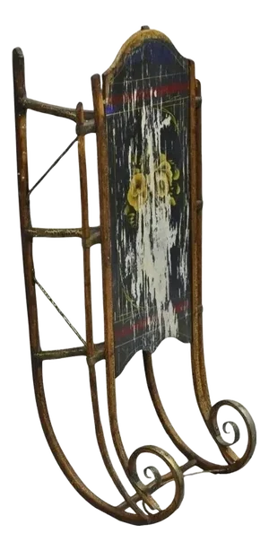 Antique Bentwood Blue Painted Small Child Snow Sled Wall Display Art
