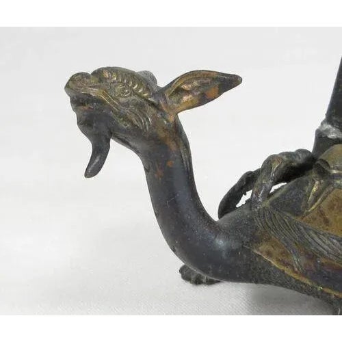 Bronze Meiji Early 20th Century Japanese Shokudai Bronze Candlestick Antique Metal Crane Bird Tortoise Animal Lotus For Sale - Image 8 of 12