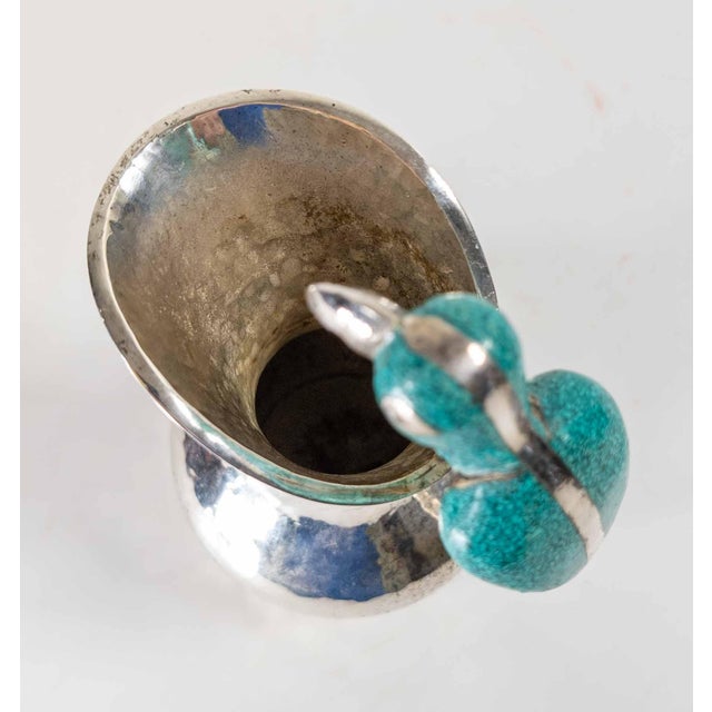 Silver Mid-Century Modern Silverplate Pitcher With Turquoise Bird After Los Castillos by Taxco Cobre For Sale - Image 8 of 13