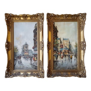 Mid 20th Century Original Antonio DeVity Framed Paris Street Scene Oil Paintings With Handwritten Artist Inscriptions - Pair For Sale
