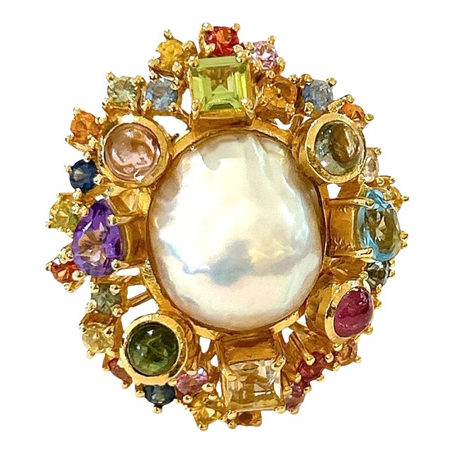 Bochic “Orient” Pearl & Multi Sapphire Vintage Cluster Ring Set 18k & Silver Size 5 For Sale