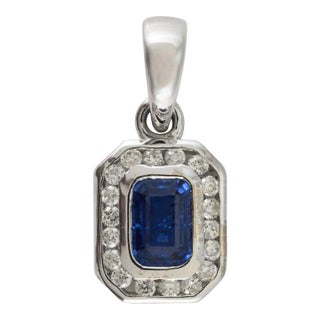 Octagon Deep Blue Sapphire Diamond Halo Pendant in 14k White Gold For Sale