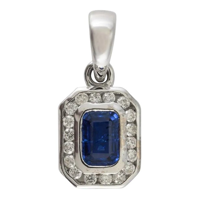 Octagon Deep Blue Sapphire Diamond Halo Pendant in 14k White Gold For Sale