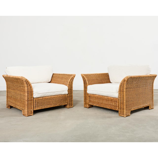 Wood Pair of Hollywood Regency Wicker Lounge Chairs + Ottomans For Sale - Image 7 of 18