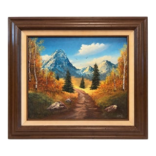1970s Glenda Stephens Signed Mountain Landscape Painting in Wood Frame For Sale