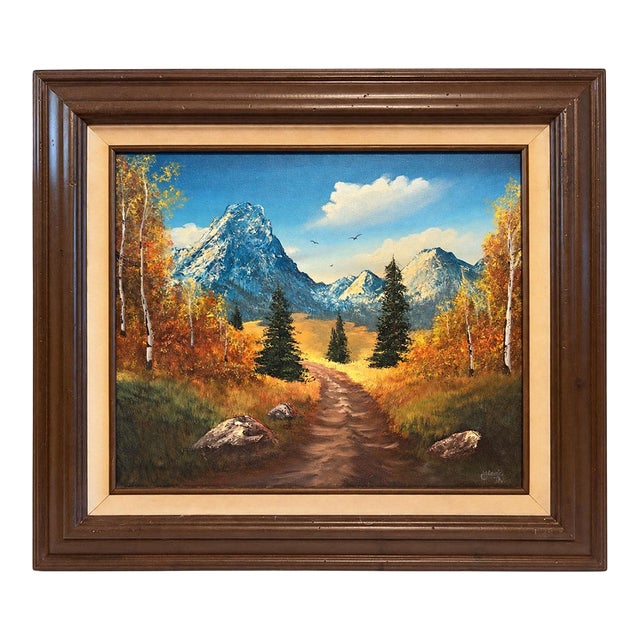 1970s Glenda Stephens Signed Mountain Landscape Painting in Wood Frame For Sale