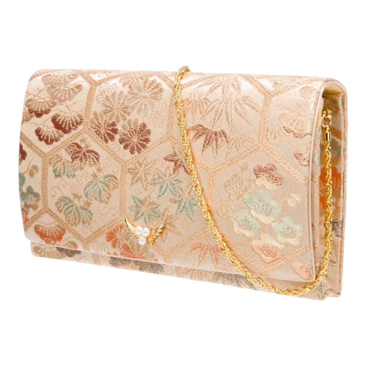 Embroidery Leather Kiss Lock Clutch Bag Lotus Evening