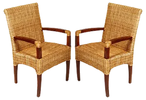 Set of French Art Deco Walnut & Rattan Chairs, 1930s