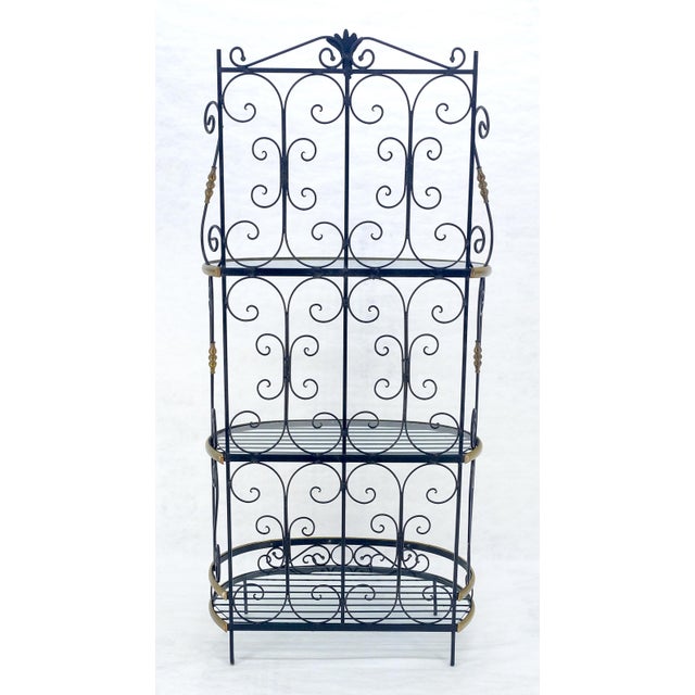 Wrought Iron & Brass 38” Wide Rounded Shelved Bakers Rack MINT For Sale - Image 6 of 14