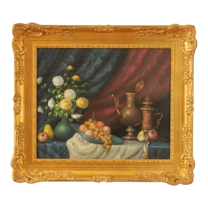 Custom Framed Floral and Fruit Still Life Oil Painting