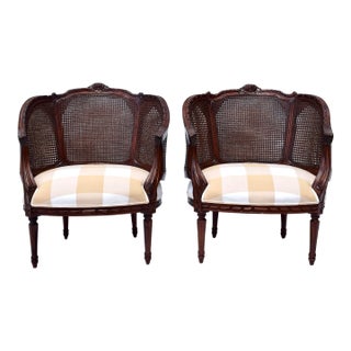 Louis XVI Style Double Cane Bergere Chairs in Walnut For Sale