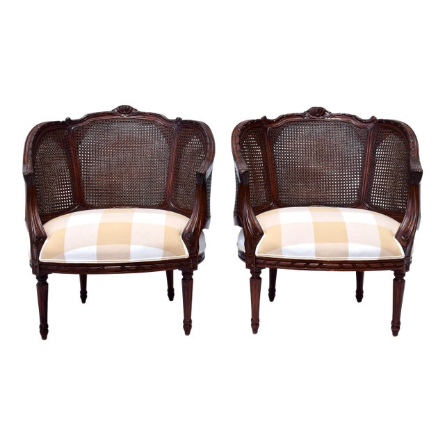 Louis XVI Style Double Cane Bergere Chairs in Walnut For Sale
