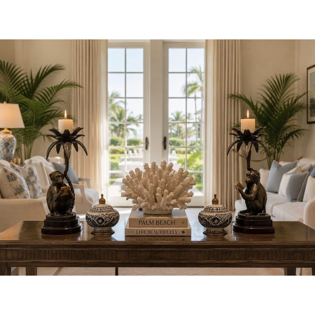 Pair of Vintage Cast Metal "Reading Monkey" Palm Tree Candlesticks For Sale In West Palm - Image 6 of 12