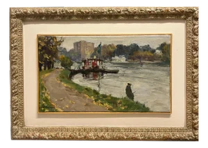 Boris Mikhailovich Lavrenko, On the River Bank, A Fisherman, 1980s, Oil on Canvas, Framed