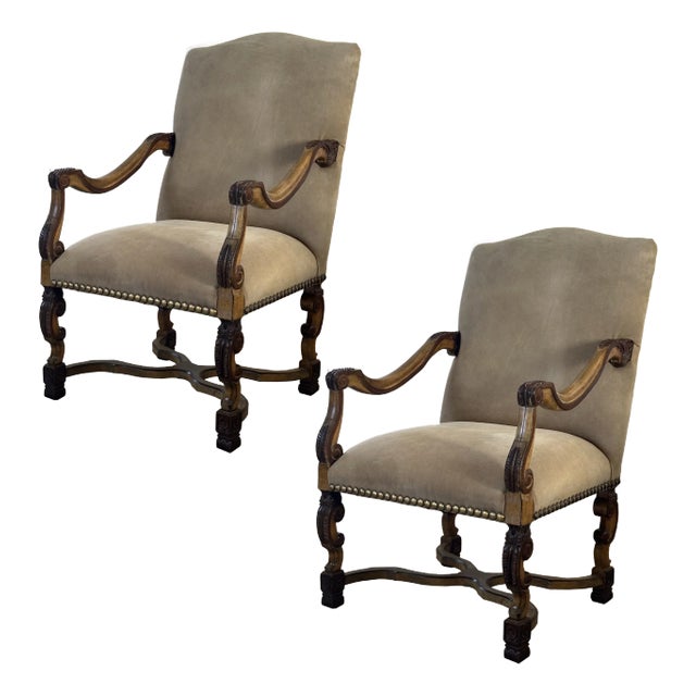 Vintage Richelieu Arm Chair in Antiqued Wood, Suede and Metallic Studs by Kreiss, a Pair For Sale