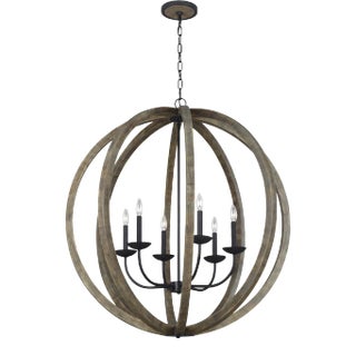 Sean Lavin by Visual Comfort Studio Allier Large Pendant, Weathered Oak Wood/Antique Forged Iron For Sale