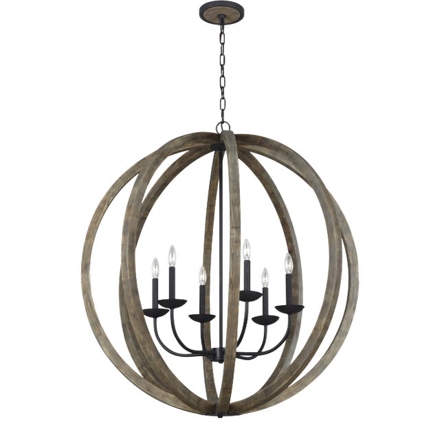 Sean Lavin by Visual Comfort Studio Allier Large Pendant, Weathered Oak Wood/Antique Forged Iron For Sale