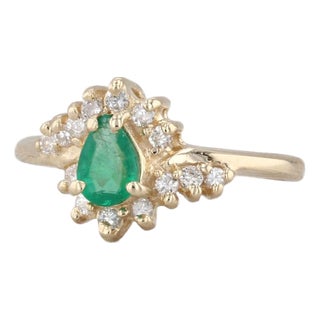 0.42ctw Pear Emerald Diamond Halo Ring 14k Yellow Gold Size 5.25 Engagement For Sale